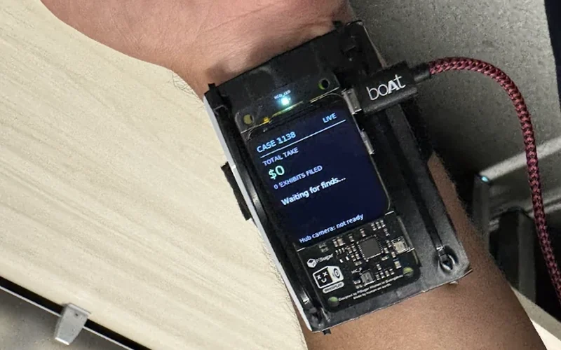 The wrist unit, close, as its wearer sees it: a small lit screen on a black mount strapped across the wrist, a braided cable plugged in at its side, a desk beyond. The screen reads Case 1138, live, total take 0 dollars, 0 exhibits filed, waiting for finds.