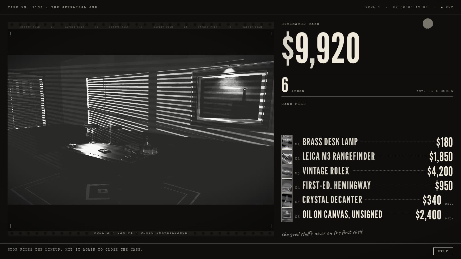 The live screen: the footage in a film strip, the estimated take and the typed case file.