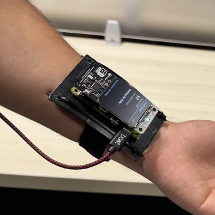 The wrist unit seen from the forearm end, the hand open beyond it.