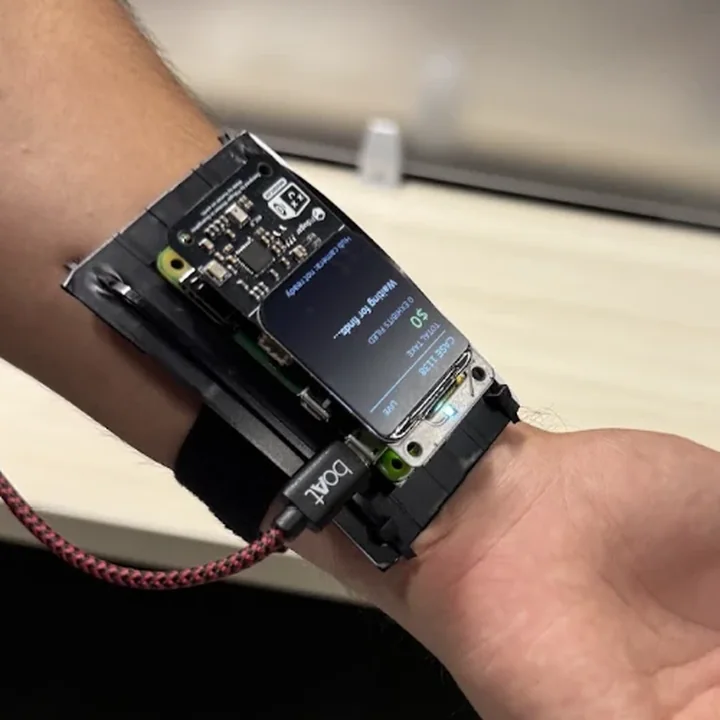 Over the forearm, looking down the unit toward the hand: the screen lit, a status light at its foot.
