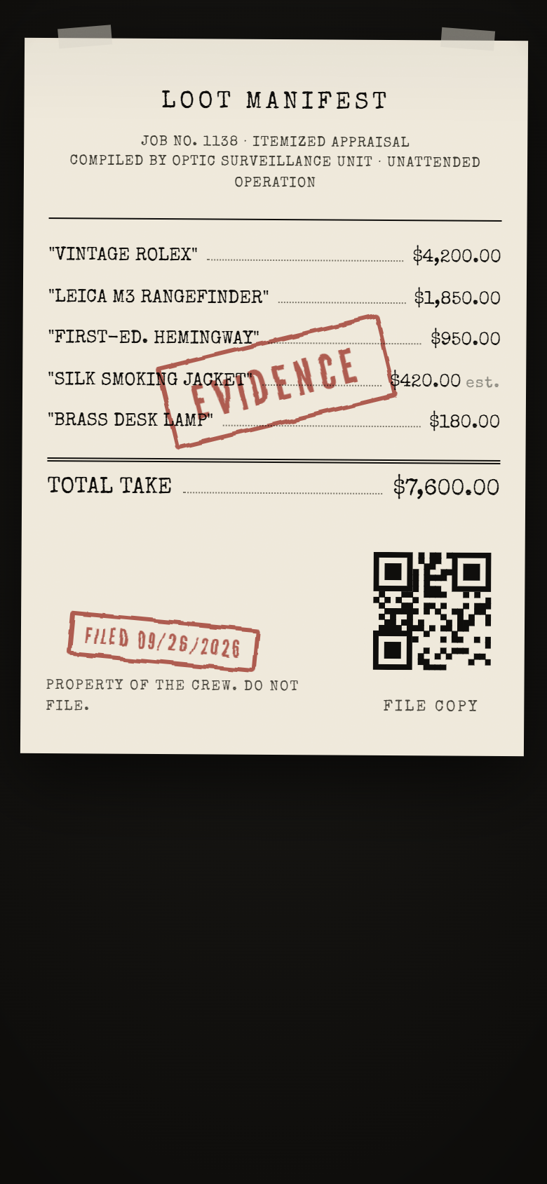 The loot manifest on a phone: typed rows, a total and two stamps.